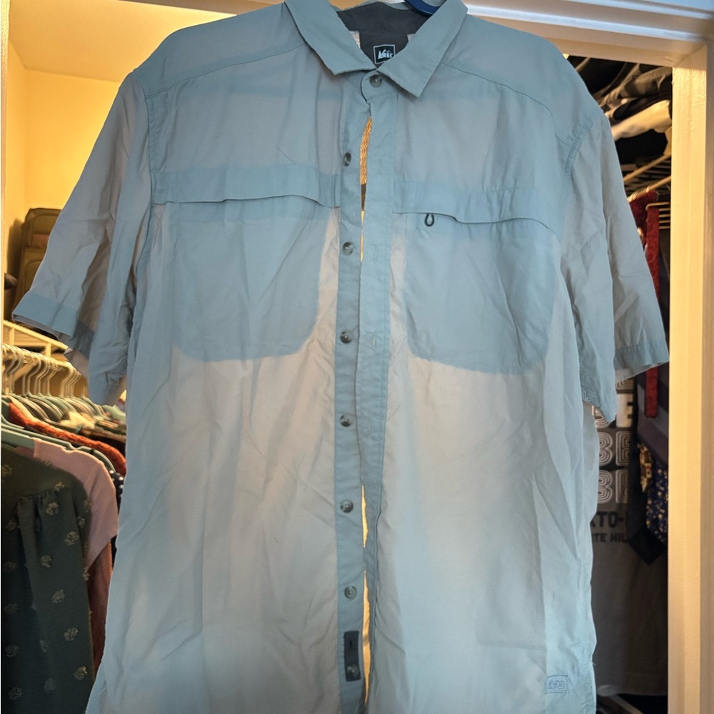 Rei Sahara Tech Nylon Mesh Shirt Tan Khaki Button Up UPF 50 | Men’s L